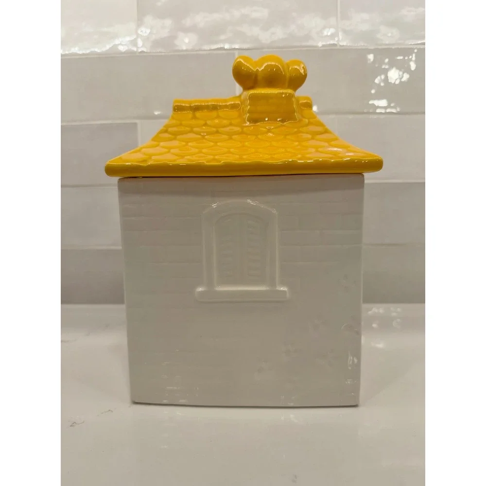 Cookie Jar House Dog Cat Mouse Large White Yellow Ceramic Vintage